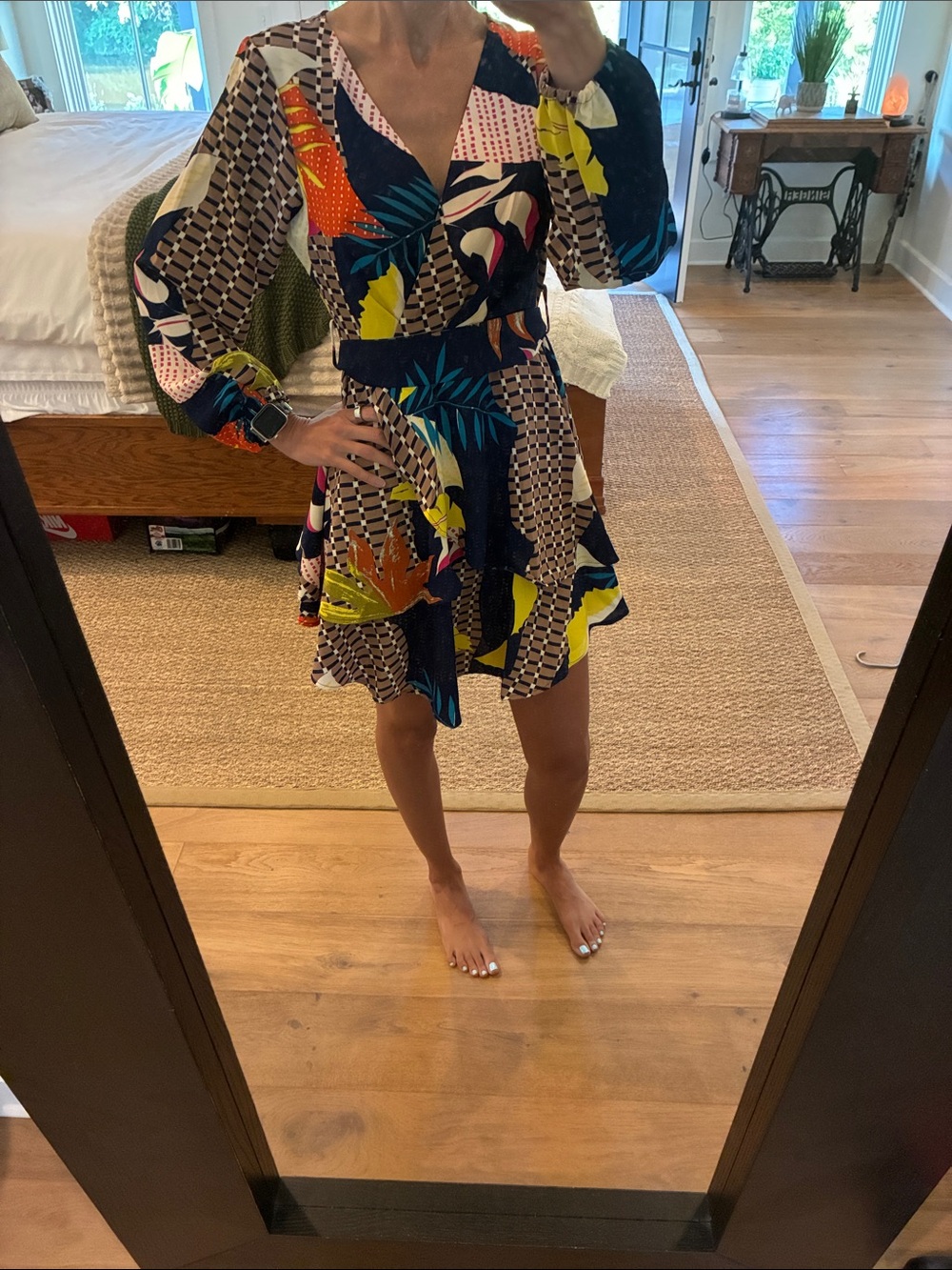 Printed V-Neck Long Sleeve Mini Dress - Multicolor